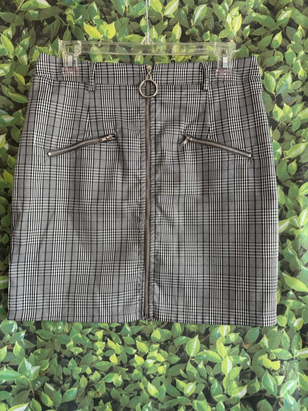 PrettyLittleThing Black and White Plaid Zip-Front Mini Skirt